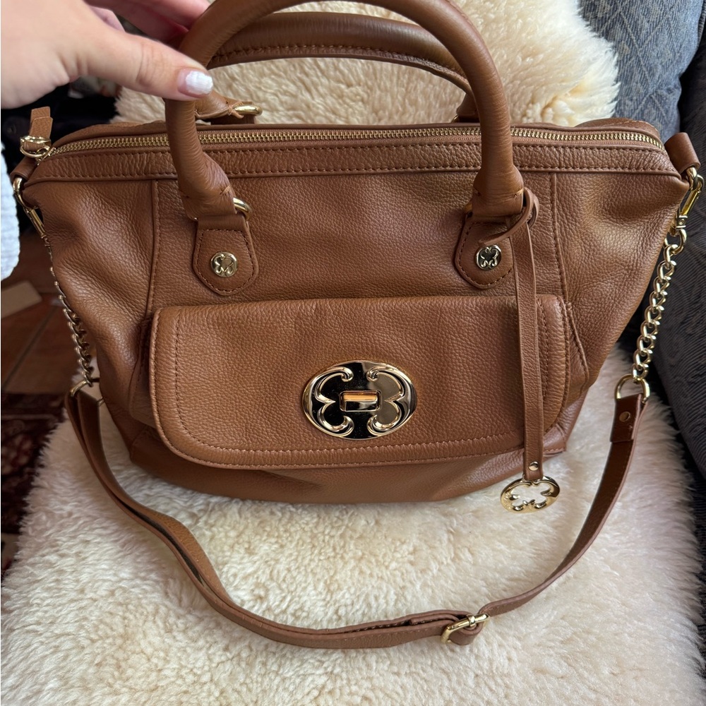 Emma Fox Tan Pebbled Leather Satchel Crossbody Bag Gold Hardware - Picture 2 of 9